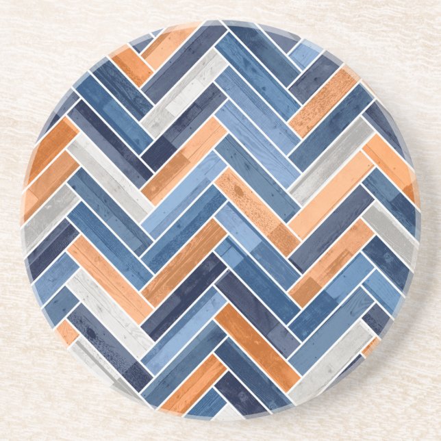 Herringbone Pattern in Navy Blue and Orange Coaster (Front)