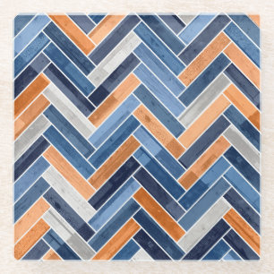 Herringbone Pattern in Navy Blue and Orange Glass Coaster