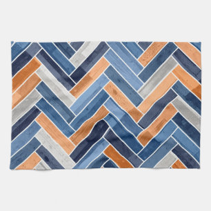 Herringbone Pattern in Navy Blue and Orange Kitchen Towel