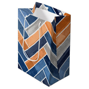 Herringbone Pattern in Navy Blue and Orange Medium Gift Bag