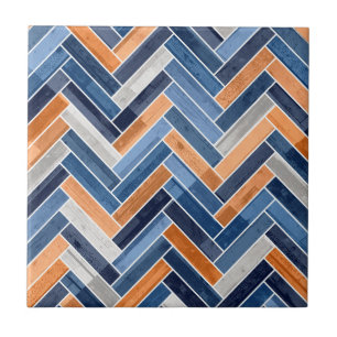 Herringbone Pattern in Navy Blue and Orange Tile