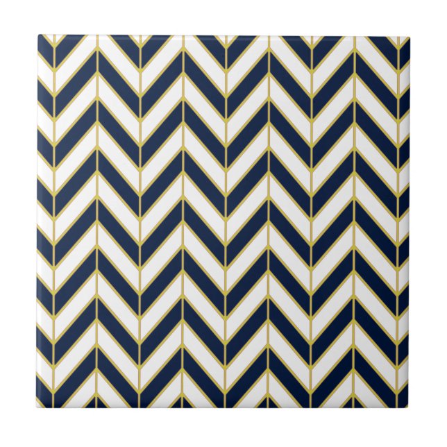 Herringbone Pattern Pillow in Navy, White and Gold Tile (Front)