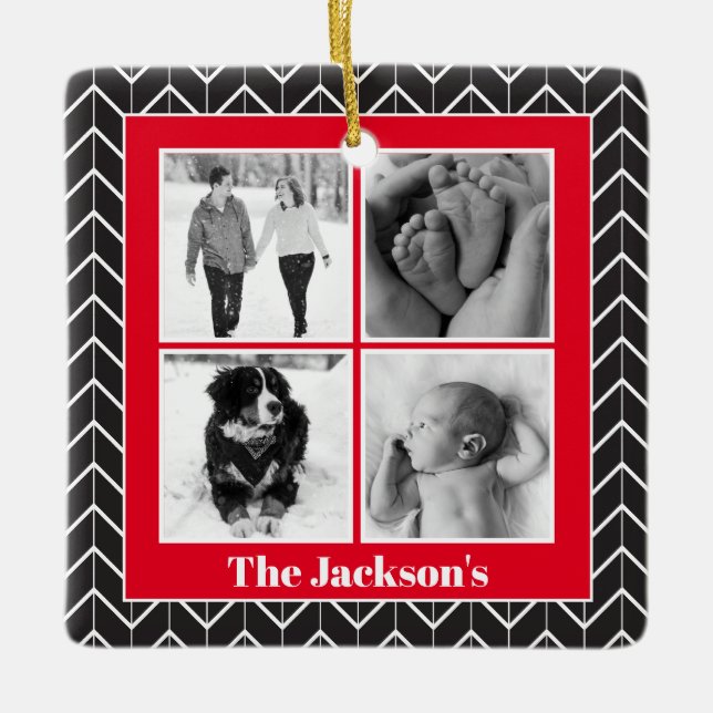 Herringbone Photo Collage Modern Christmas Ceramic Ceramic Ornament (Front)