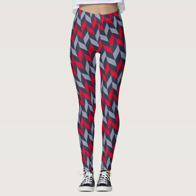 Herringbone Red Grey Minimal Pattern Leggings (Front)