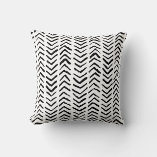 Herringbone stripes, black-white vintage pattern. throw pillow