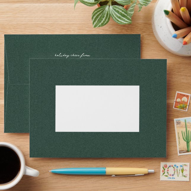 Herringbone tweed classic preppy green holiday envelope (Desk)