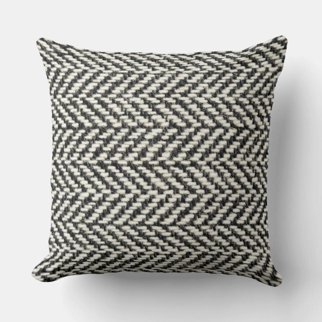 Herringbone Tweed Rustic Black & White Knit Print Throw Pillow (Front)