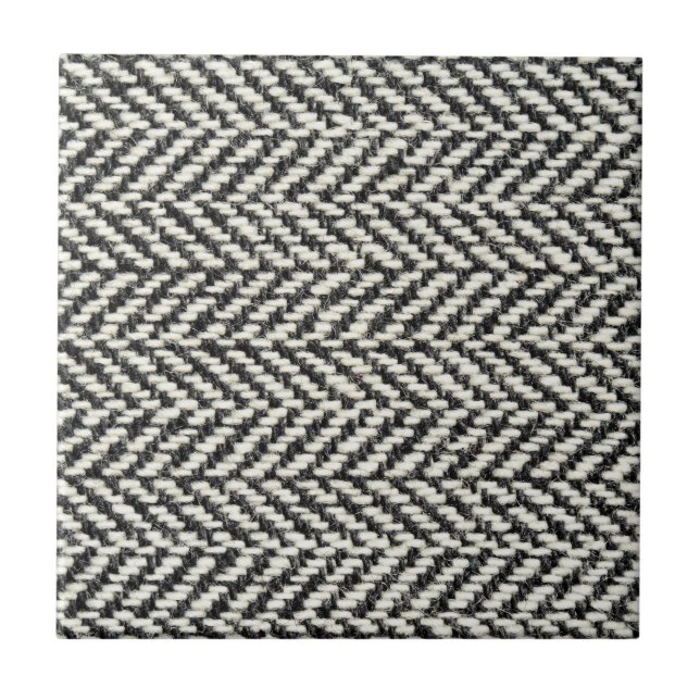 Herringbone Tweed Rustic Black & White Knit Print Tile (Front)