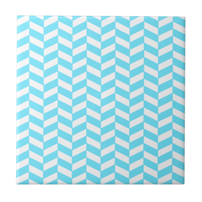 Herringbone White Bright Blue Summer Mod Pattern Tile (Front)