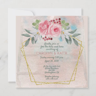 Hers and Hers Pink Roses and Gold Geometric 