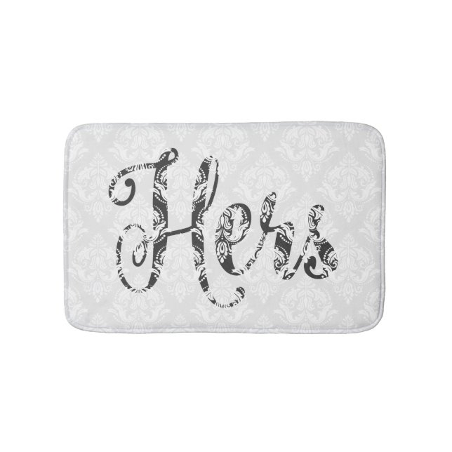 Hers-Black Modern Text & White Damasks Bath Mat (Front)