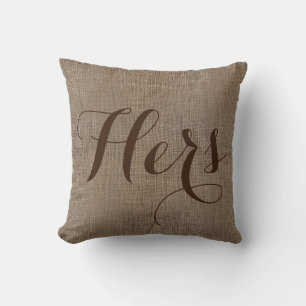 Hers Burlap-Look Rustic Wedding Keepsake His/Hers Throw Pillow