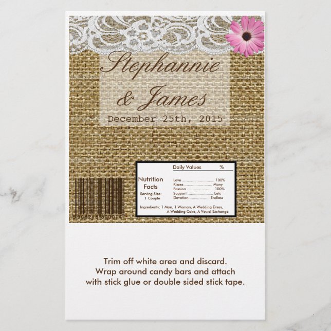 Hershey's Large Bar Wrapper Burlap Lace Flower (Front)