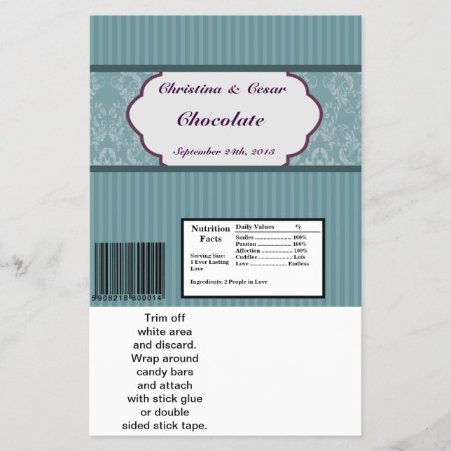 Hershey's Large Bar Wrapper Teal Blue Damask/Strip (Front)