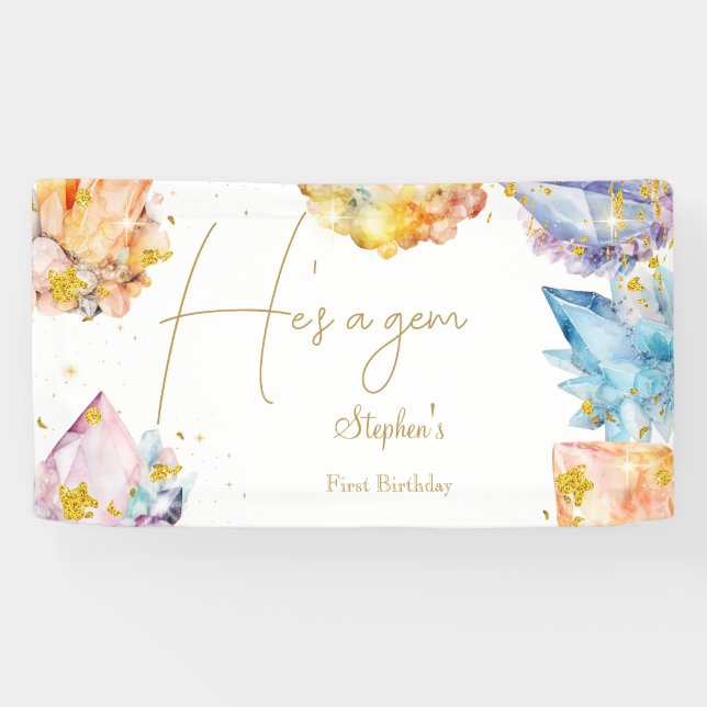 He's a Gem Birthday Crystals Boy's watercolor Banner (Horizontal)