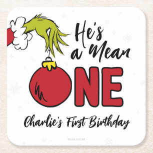 He's a Mean One   Grinch Birthday Square Paper Coaster