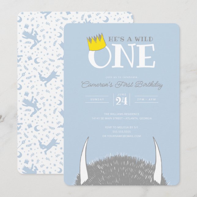 He's a Wild One - 1st Birthday Crown Blue Invitation (Front/Back)