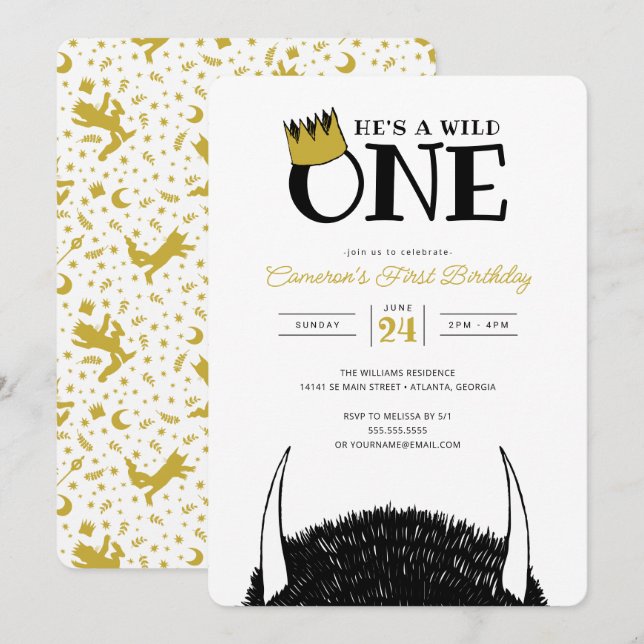 He's a Wild One - 1st Birthday Gold Crown Invitation (Front/Back)