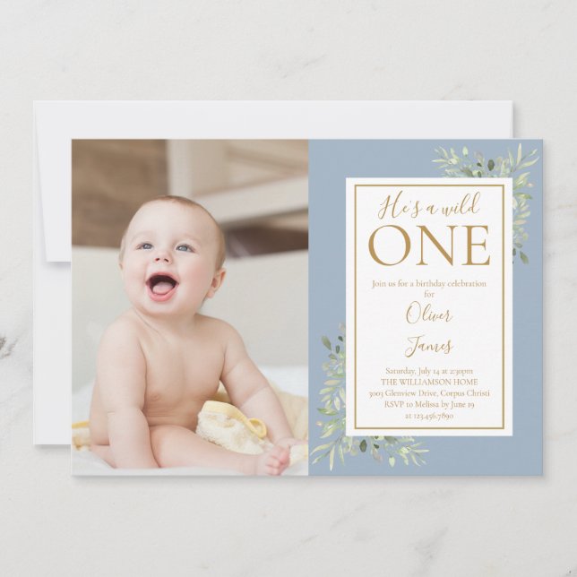 He's A Wild One 1st Birthday Greenery Blue Photo Invitation (Front)