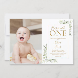 He's A Wild One 1st Birthday Greenery Photo Invitation