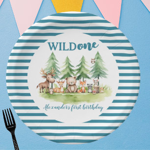 He's a wild one - Woodland Animals 1st B-day Blue Paper Plate