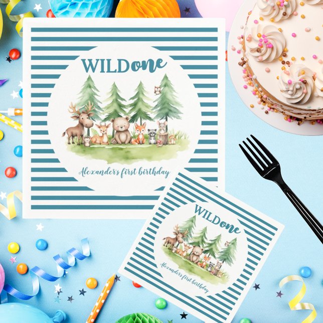 He's a wild one Woodland Animals 1st B-day Striped Napkin (Creator Uploaded)