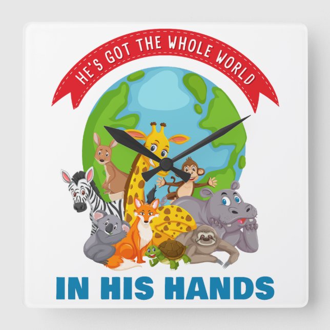 He's Got The Whole World in His Hands – Faith Kids Square Wall Clock (Front)