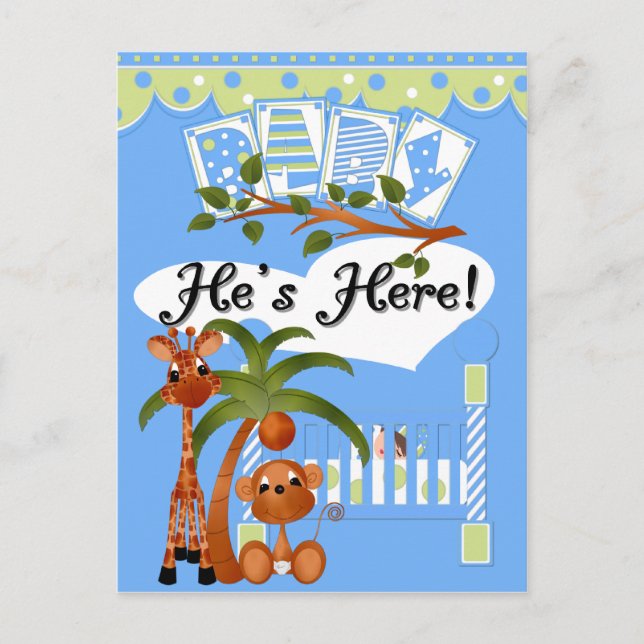 He's Here It's a Boy Arrival Cards and Postcards (Front)