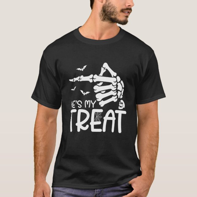 He's My Treat She's My Trick Halloween Skeleton Co T-Shirt (Front)