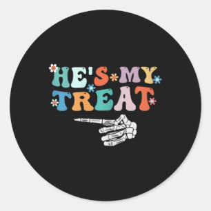He's My Treat Skeleton Hand Halloween Couples Classic Round Sticker