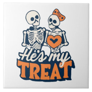 Hes My Treat Skeleton Matching Couple Halloween Tile