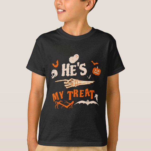 He's My Trick Funny Skeleton Halloween Matching Co T-Shirt (Front)