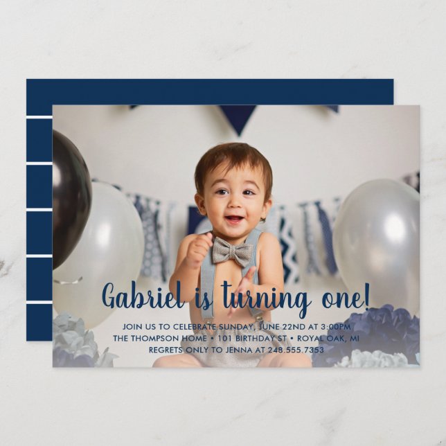 He's Turning One Navy Boy's First Birthday Photo Invitation (Front/Back)