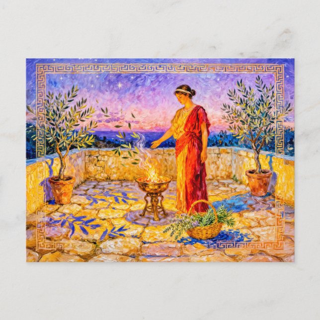 Hestia Lighting a Sacred Fire on Terrace with Oliv Postcard (Front)