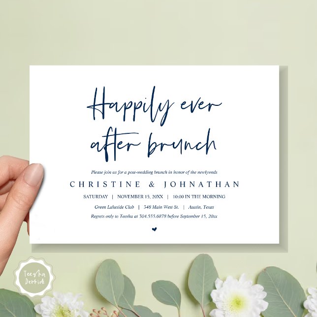 Heureux après le brunch, postez faire-part de mari (Happily ever after brunch party, post wedding invitation card, pdf, in Navy Blue)