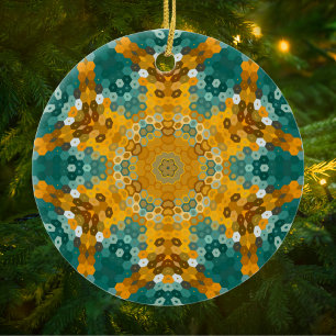 Hex Mandala Blue and Yellow Ceramic Ornament