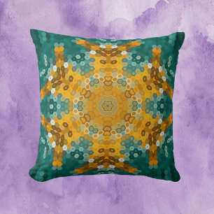 Hex Mandala Blue and Yellow Throw Pillow