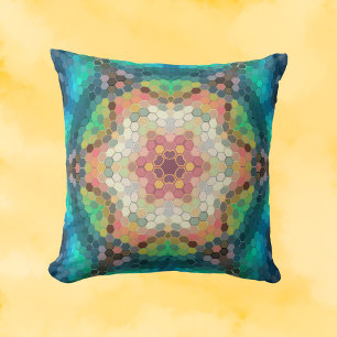 Hex Mandala Blue Green and Pink Throw Pillow