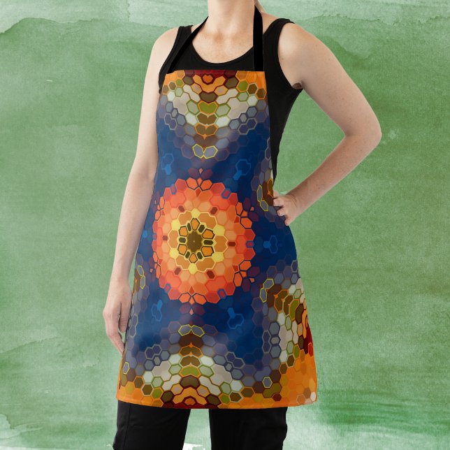 Hex Mandala Blue Orange and Red Apron (Blue Orange and Red Hexagon Mandala Apron by Wormhole Orbital)