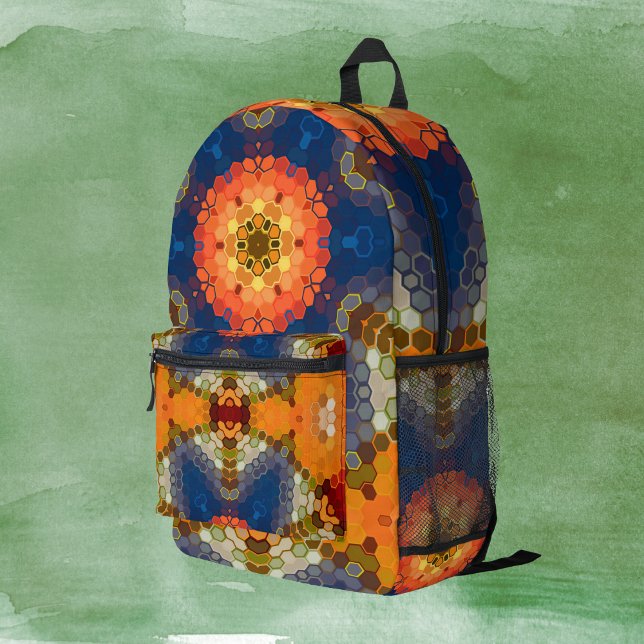 Hex Mandala Blue Orange and Red Printed Backpack (Blue Orange and Red Hexagon Mandala Backpack by Wormhole Orbital)