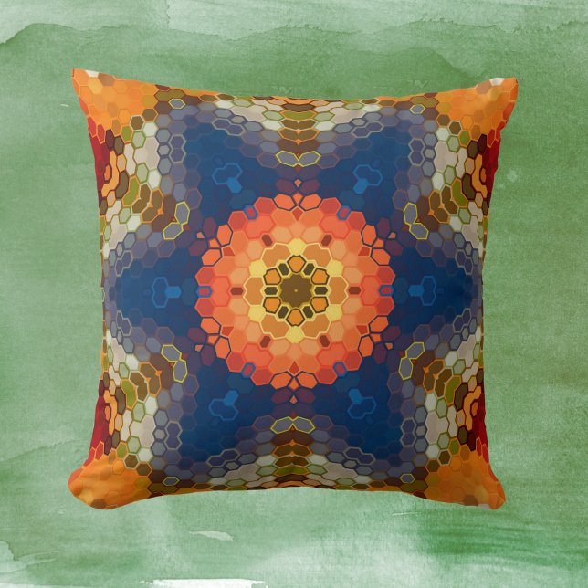 Hex Mandala Blue Orange and Red Throw Pillow (Blue Orange and Red Hexagon Mandala Throw Pillow by Wormhole Orbital)