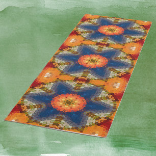 Hex Mandala Blue Orange and Red Yoga Mat
