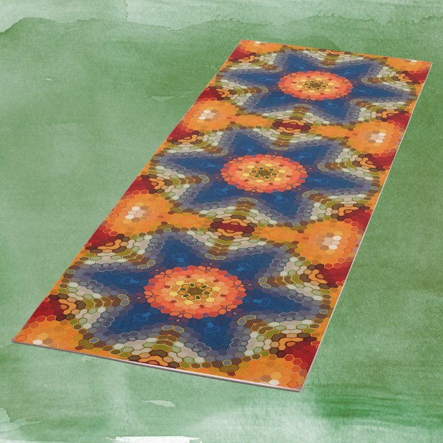 Hex Mandala Blue Orange and Red Yoga Mat (Blue Orange and Red Hexagon Mandala Yoga Mat by Wormhole Orbital)