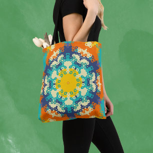 Hex Mandala Blue Orange and Yellow Tote Bag