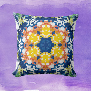 Hex Mandala Blue Yellow Orange and Green Throw Pillow