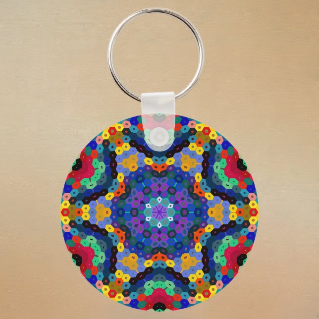Hex Mandala Blue Yellow Red and Green Keychain (Blue Yellow Red and Green Hexagon Mandala Keychain by Wormhole Orbital)