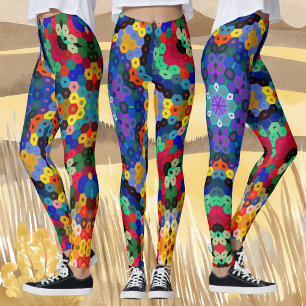 Hex Mandala Blue Yellow Red and Green Leggings