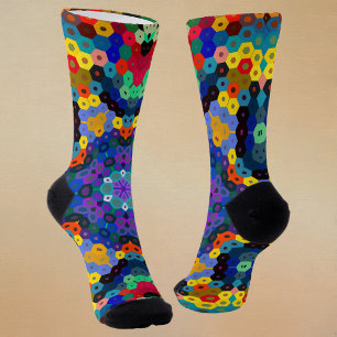 Hex Mandala Blue Yellow Red and Green Socks