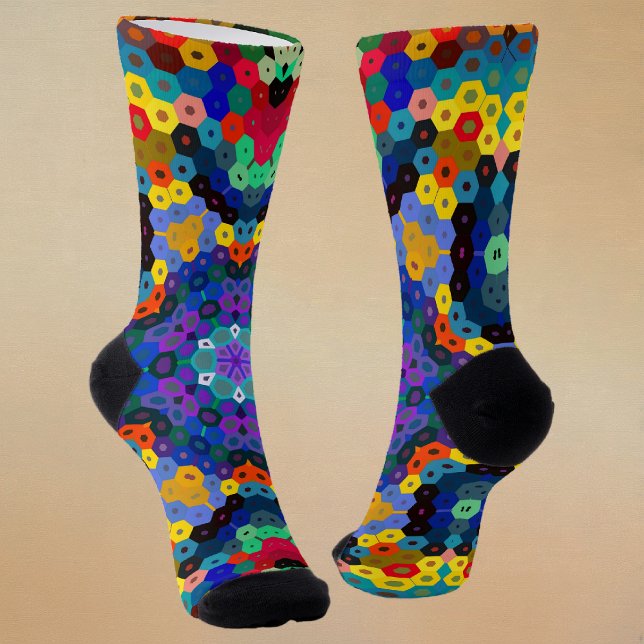 Hex Mandala Blue Yellow Red and Green Socks (Blue Yellow Red and Green Hexagon Mandala Socks by Wormhole Orbital)