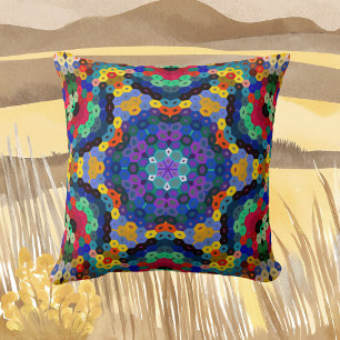 Hex Mandala Blue Yellow Red and Green Throw Pillow